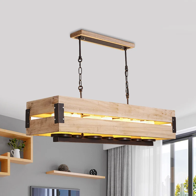 Rechthoekige houten eilandhanglamp Rustiek 7-lichts eetkamer hanglamp bruin Clearhalo