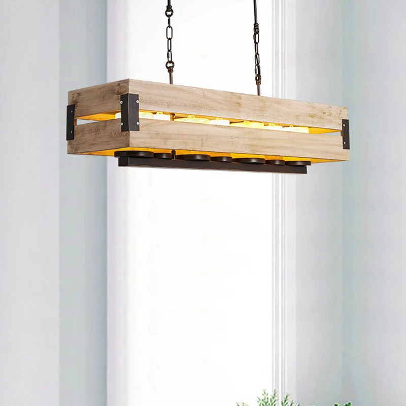 Rechthoekige houten eilandhanglamp Rustiek 7-lichts eetkamer hanglamp bruin Clearhalo