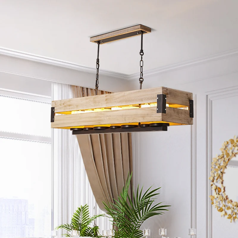 Rechthoekige houten eilandhanglamp Rustiek 7-lichts eetkamer hanglamp bruin Clearhalo