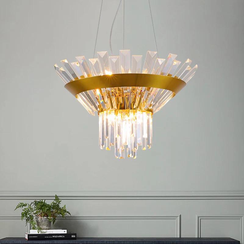 Rechthoekige kristallen kroonluchter met 9 lampen, postmoderne gouden kegel eettafel hanglamp Clearhalo