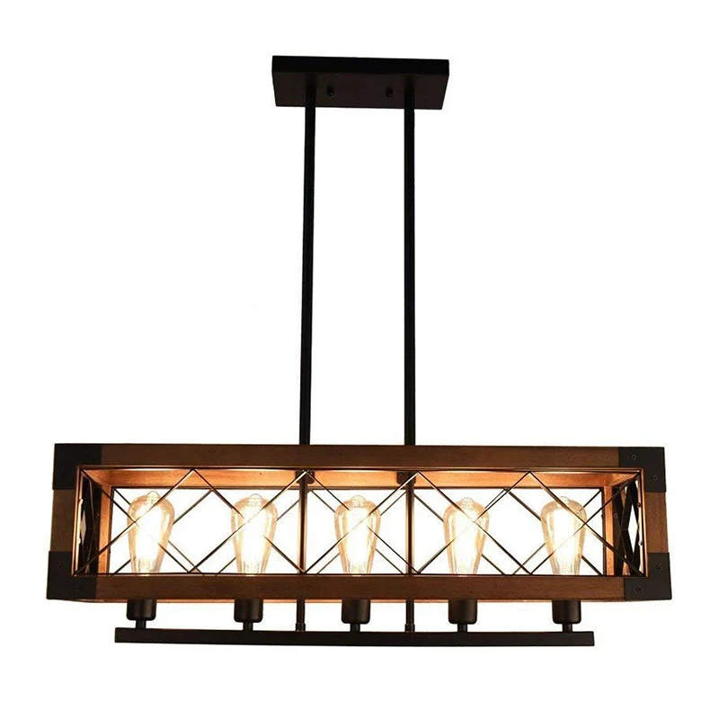 Rechthoekige metalen eilandlamp, vintage hanglamp met 5 lampen de eetkamer, zwart met houten frame Clearhalo