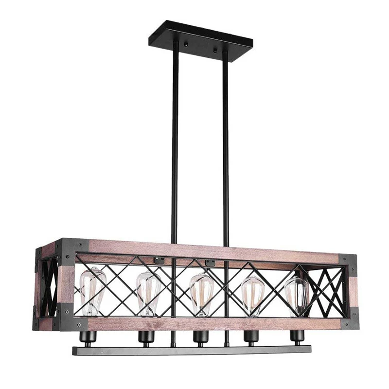 Rechthoekige metalen eilandlamp, vintage hanglamp met 5 lampen de eetkamer, zwart met houten frame Clearhalo