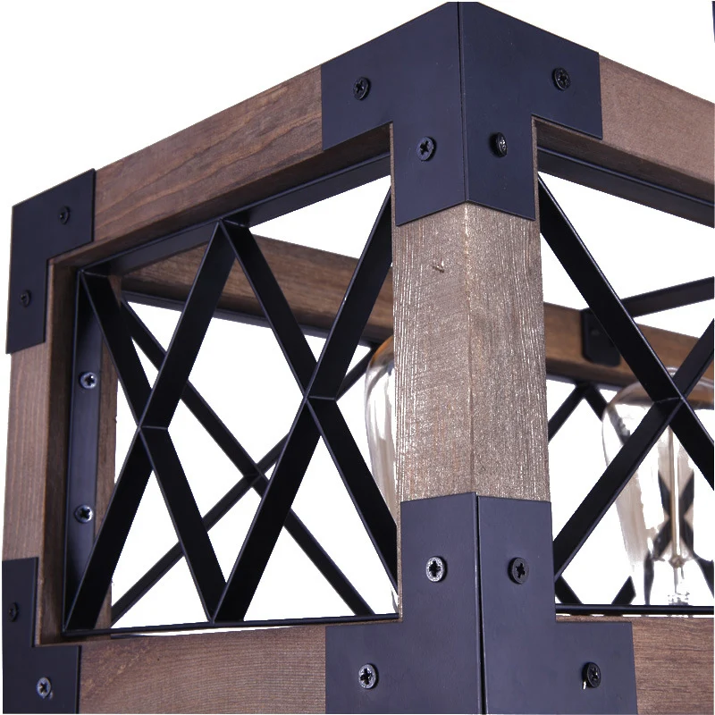 Rechthoekige metalen eilandlamp, vintage hanglamp met 5 lampen de eetkamer, zwart met houten frame Clearhalo