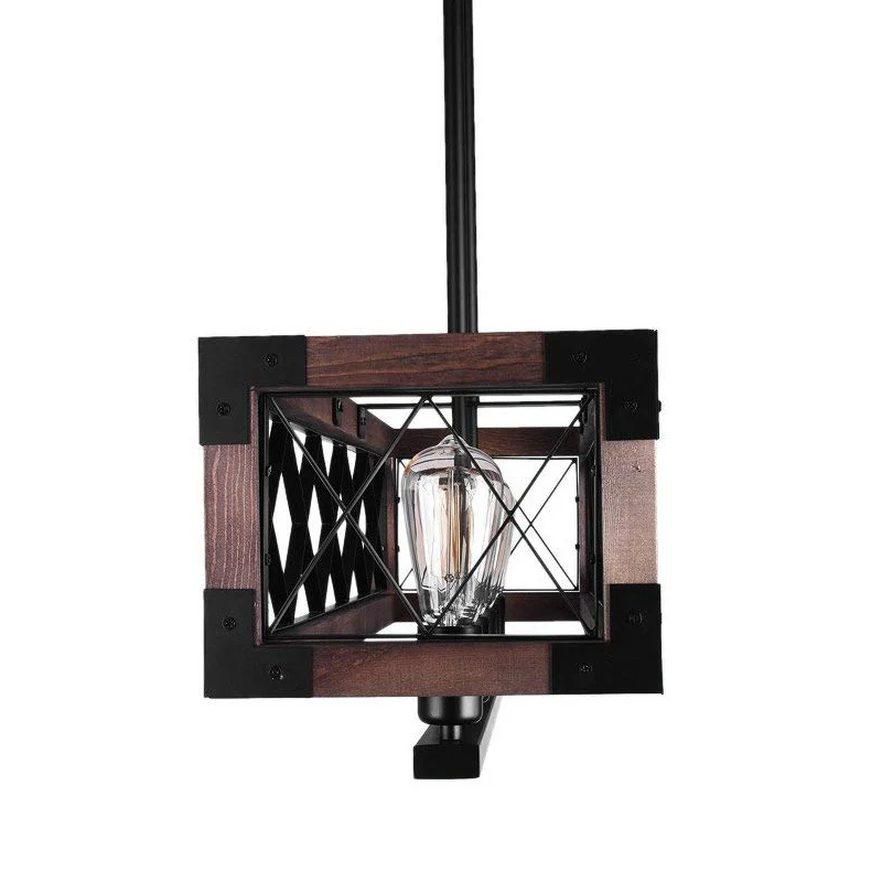 Rechthoekige metalen eilandlamp, vintage hanglamp met 5 lampen de eetkamer, zwart met houten frame Clearhalo