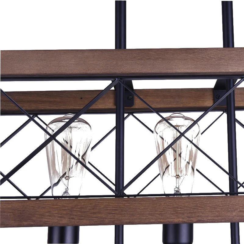 Rechthoekige metalen eilandlamp, vintage hanglamp met 5 lampen de eetkamer, zwart met houten frame Clearhalo