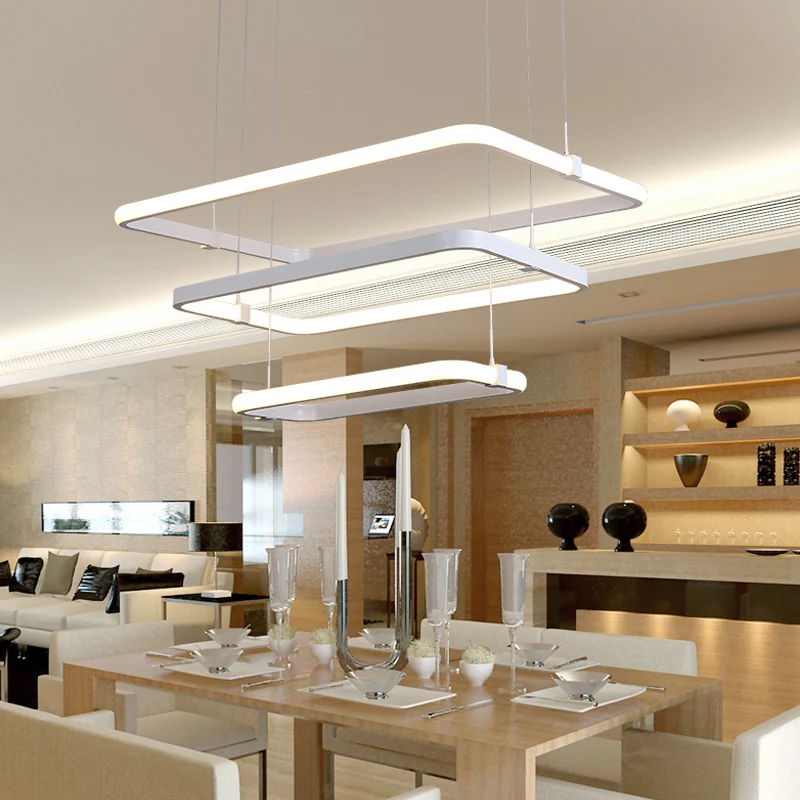 Rechthoekige metalen hanglampset Minimalistische witte LED-hangende kroonluchter, warm/wit licht Clearhalo