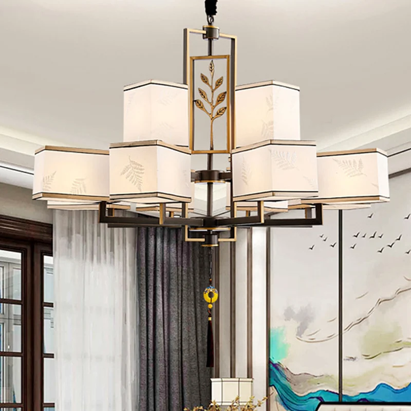Rechthoekige stoffen plafondkroonluchter Klassiek 6/8/12 lichts woonkamer hanglamp zwart met metalen frame Clearhalo