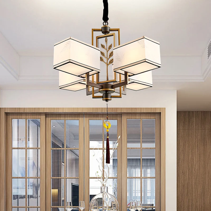 Rechthoekige stoffen plafondkroonluchter Klassiek 6/8/12 lichts woonkamer hanglamp zwart met metalen frame Clearhalo