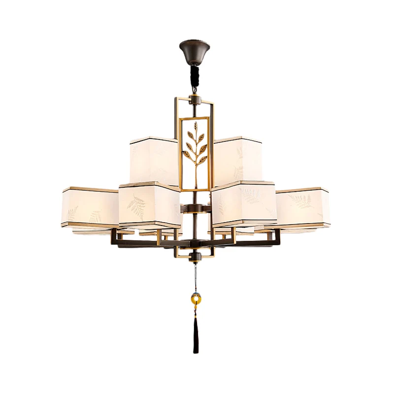 Rechthoekige stoffen plafondkroonluchter Klassiek 6/8/12 lichts woonkamer hanglamp zwart met metalen frame Clearhalo