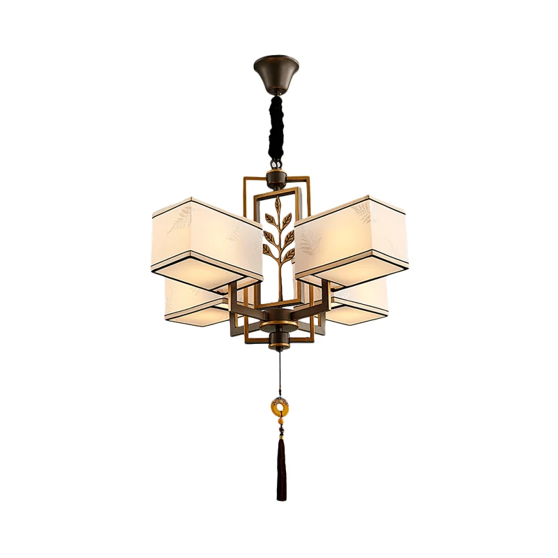 Rechthoekige stoffen plafondkroonluchter Klassiek 6/8/12 lichts woonkamer hanglamp zwart met metalen frame Clearhalo