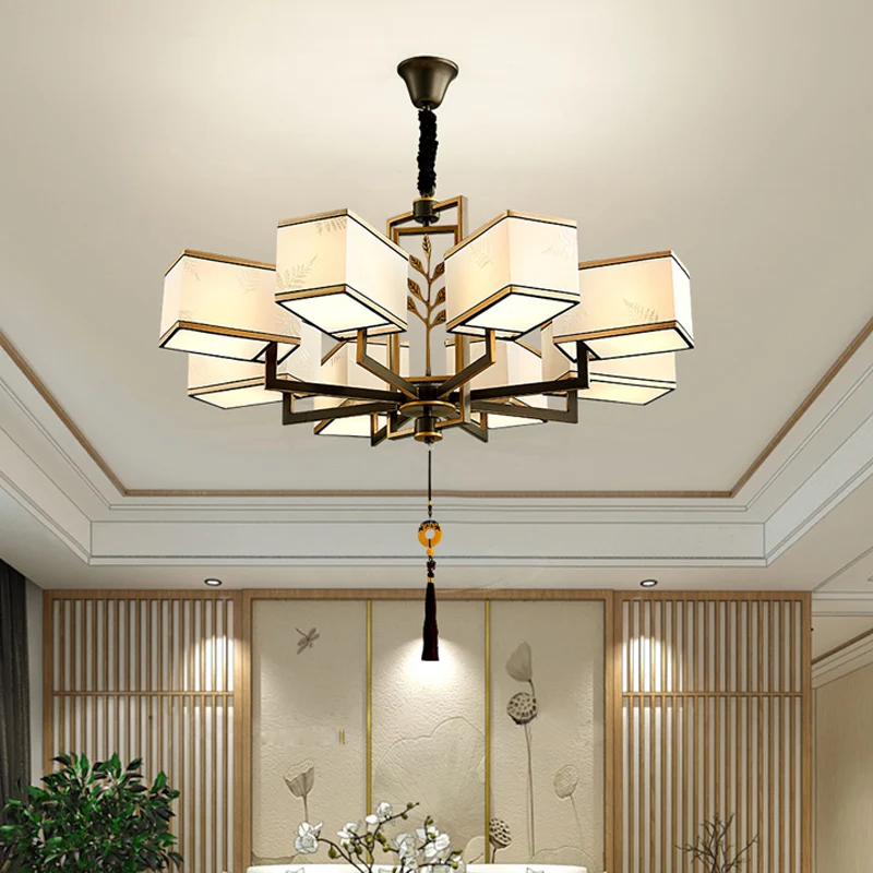 Rechthoekige stoffen plafondkroonluchter Klassiek 6/8/12 lichts woonkamer hanglamp zwart met metalen frame Clearhalo