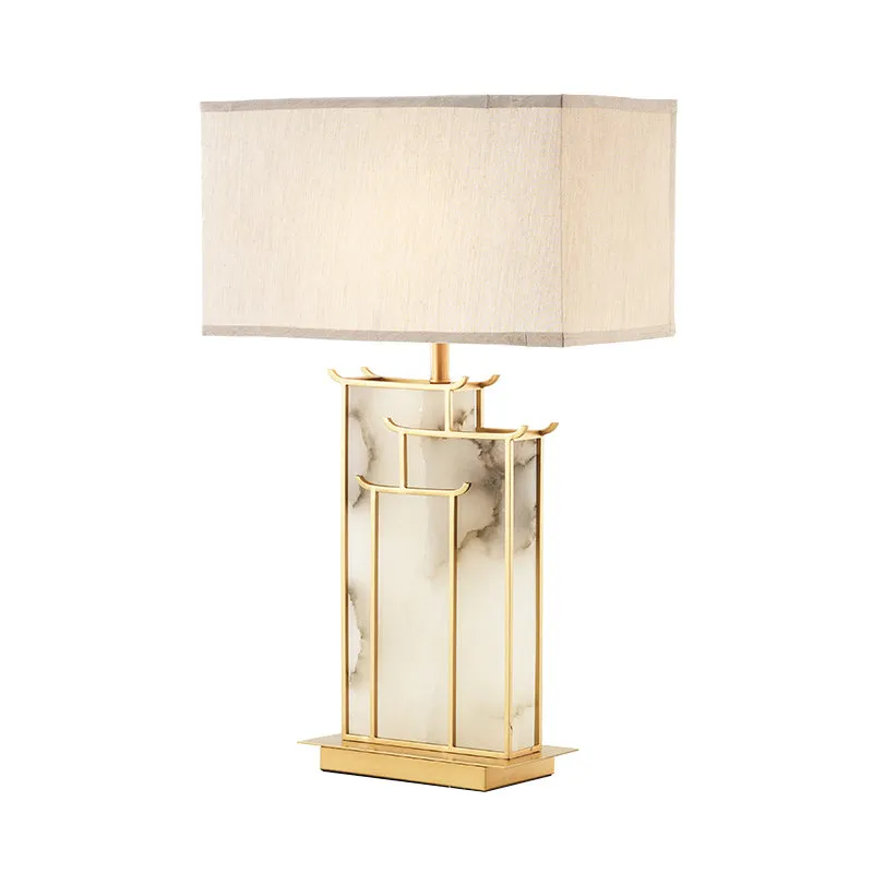 Rechthoekige stoffen taaklamp eigentijds 1-lamps witte tafellamp met gouden frame en marmeren paneeldeco Clearhalo