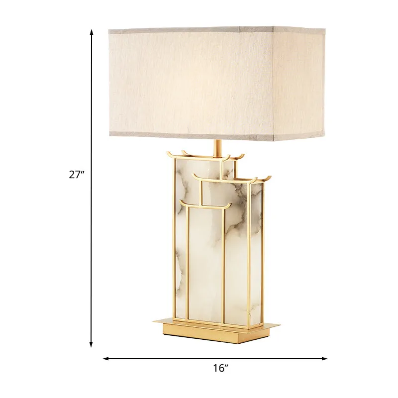 Rechthoekige stoffen taaklamp eigentijds 1-lamps witte tafellamp met gouden frame en marmeren paneeldeco Clearhalo