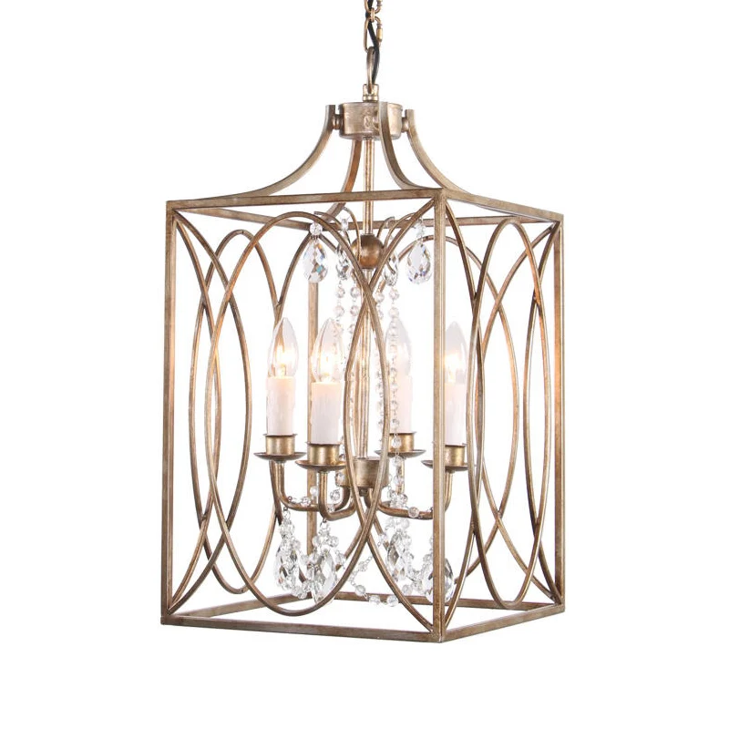Rechthoekige woonkamer hanglamp Traditioneel metaal 4 lampen Messing kroonluchter hanglamp met trapsgewijs kristal Clearhalo