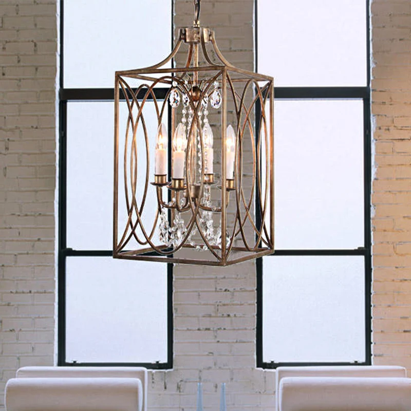 Rechthoekige woonkamer hanglamp Traditioneel metaal 4 lampen Messing kroonluchter hanglamp met trapsgewijs kristal Clearhalo