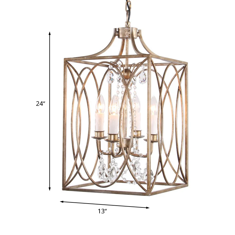 Rechthoekige woonkamer hanglamp Traditioneel metaal 4 lampen Messing kroonluchter hanglamp met trapsgewijs kristal Clearhalo