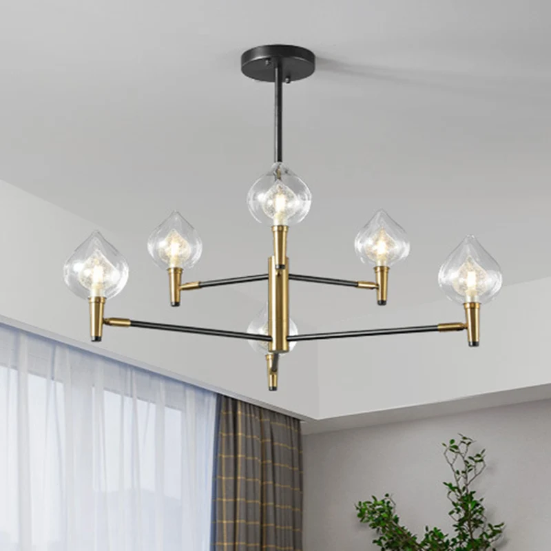 Regendruppelkroonluchter, postmodern helder en louche glas, slaapkamerlamp met 6/8 lampen en vertakkende arm zwart en goud...