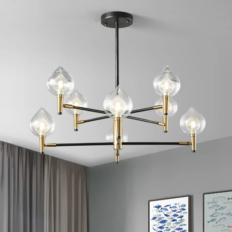 Regendruppelkroonluchter, postmodern helder en louche glas, slaapkamerlamp met 6/8 lampen en vertakkende arm zwart en goud...