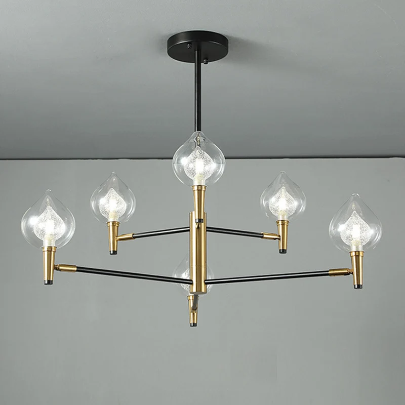 Regendruppelkroonluchter, postmodern helder en louche glas, slaapkamerlamp met 6/8 lampen en vertakkende arm zwart en goud...