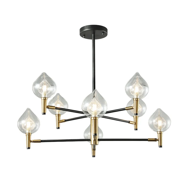 Regendruppelkroonluchter, postmodern helder en louche glas, slaapkamerlamp met 6/8 lampen en vertakkende arm zwart en goud...