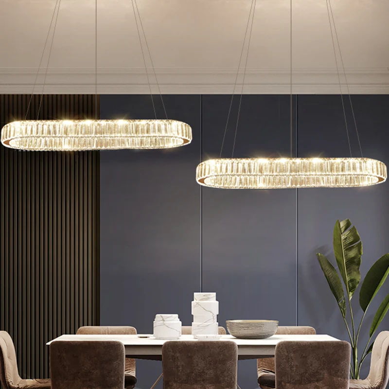 Restaurant LED-hangende hanglamp Eenvoudig roestvrijstalen eilandlicht met ovale kristallen kap Clearhalo
