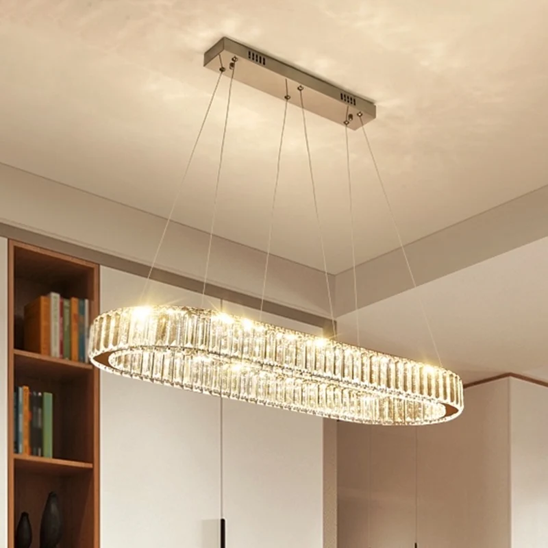 Restaurant LED-hangende hanglamp Eenvoudig roestvrijstalen eilandlicht met ovale kristallen kap Clearhalo