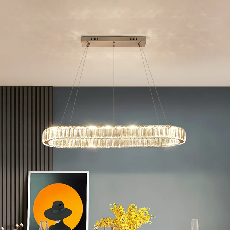Restaurant LED-hangende hanglamp Eenvoudig roestvrijstalen eilandlicht met ovale kristallen kap Clearhalo