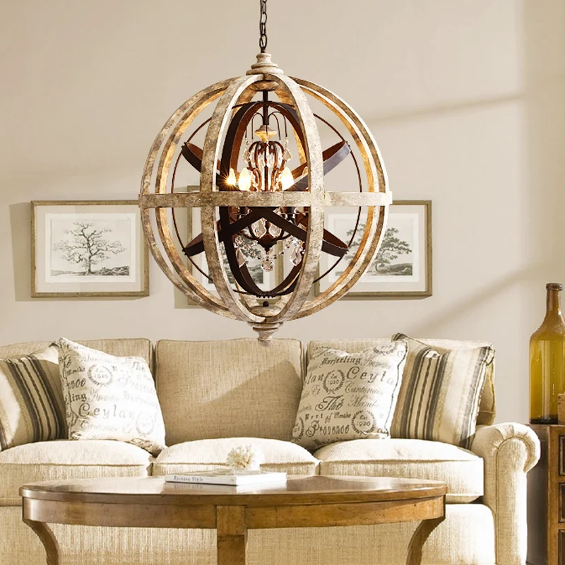 Retro 5-kops kroonluchterlamp roest lasergesneden plafondhanglamp met houten kap voor woonkamer Clearhalo