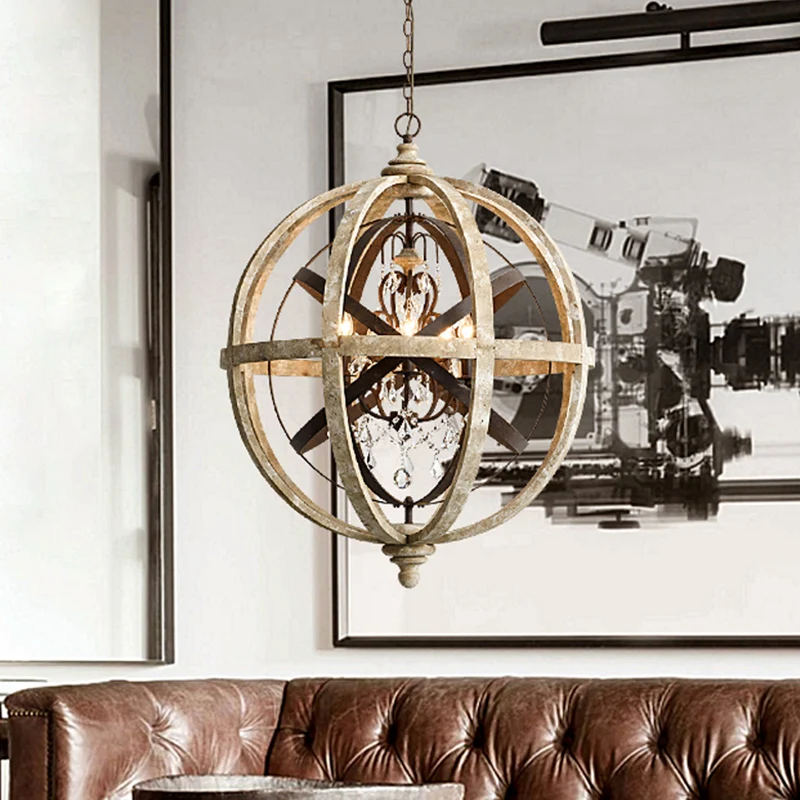 Retro 5-kops kroonluchterlamp roest lasergesneden plafondhanglamp met houten kap voor woonkamer Clearhalo