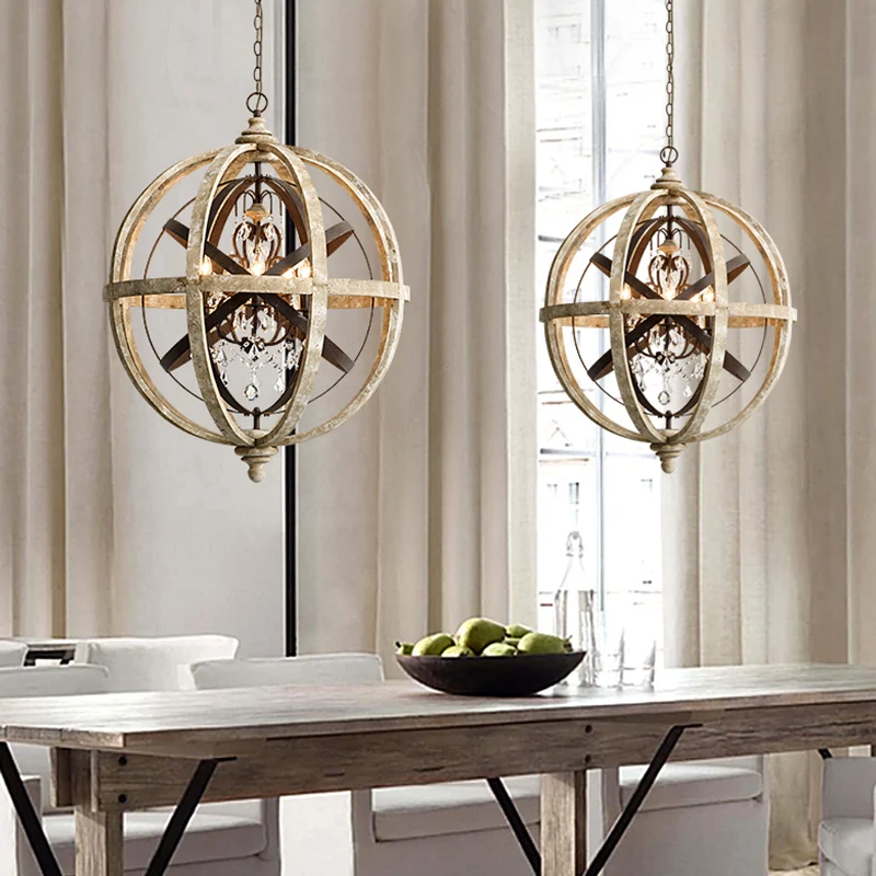 Retro 5-kops kroonluchterlamp roest lasergesneden plafondhanglamp met houten kap voor woonkamer Clearhalo