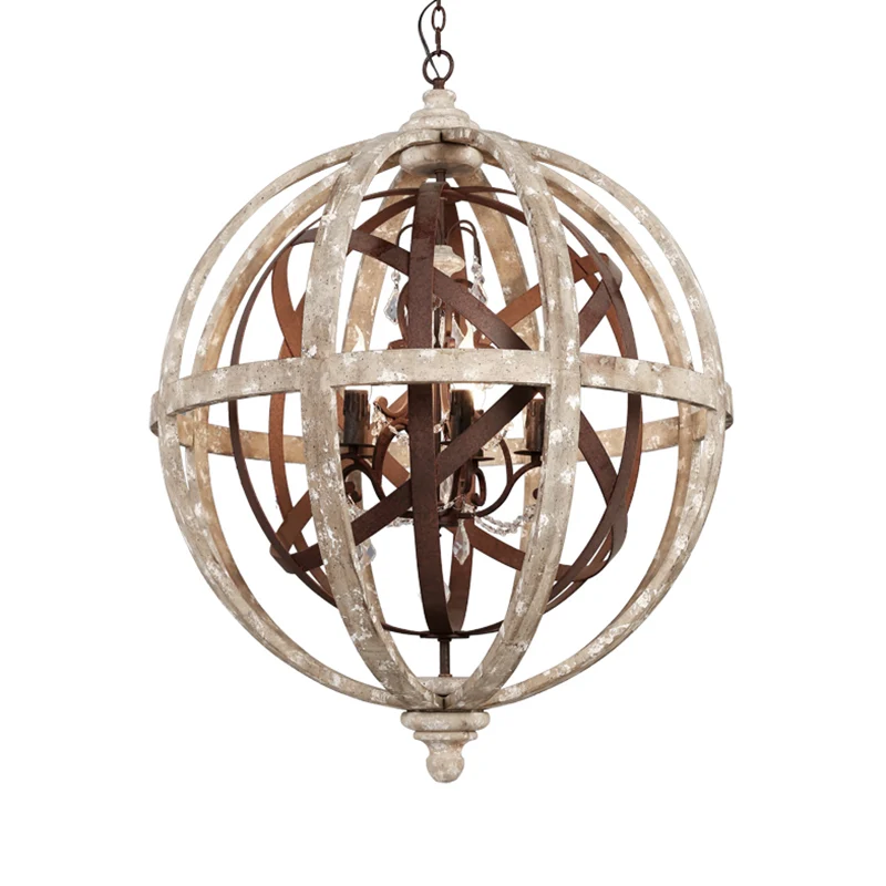 Retro 5-kops kroonluchterlamp roest lasergesneden plafondhanglamp met houten kap voor woonkamer Clearhalo