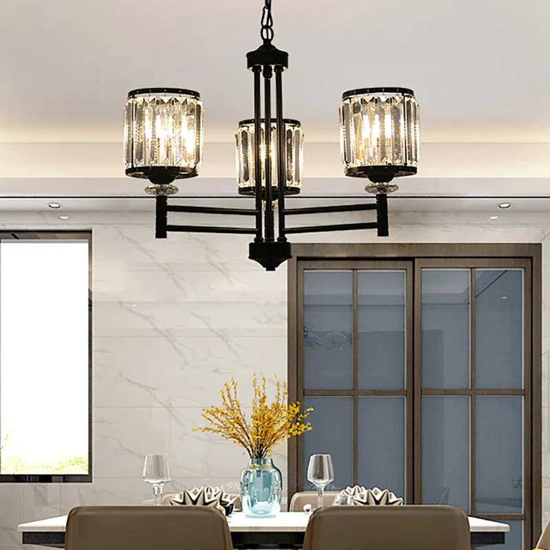 Retro cilindrische kroonluchter hanglamp kristal 3/6/8 lichts hanglampset zwart met verstelbare ketting Clearhalo