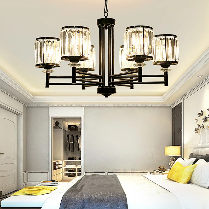 Retro cilindrische kroonluchter hanglamp kristal 3/6/8 lichts hanglampset zwart met verstelbare ketting Clearhalo