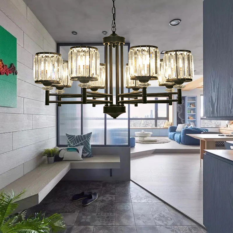 Retro cilindrische kroonluchter hanglamp kristal 3/6/8 lichts hanglampset zwart met verstelbare ketting Clearhalo