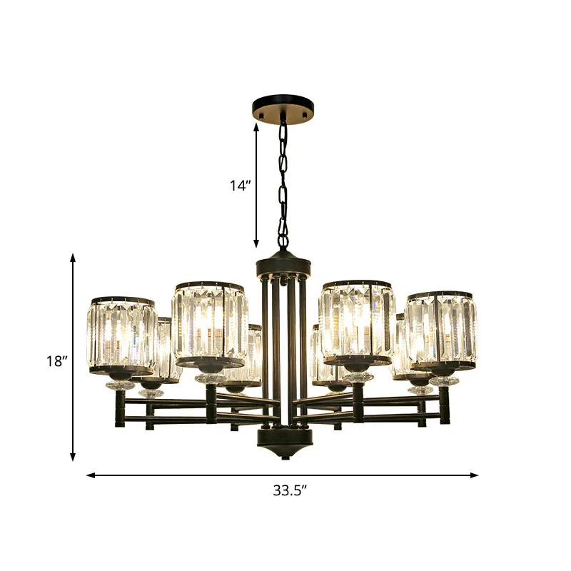 Retro cilindrische kroonluchter hanglamp kristal 3/6/8 lichts hanglampset zwart met verstelbare ketting Clearhalo