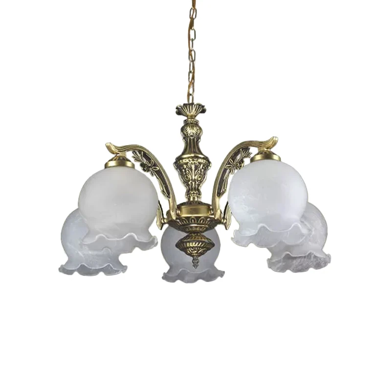 Retro Dome Shade-kroonluchter, hangende hanglamp van wit glas, met 5 lampen en ruches brons Clearhalo