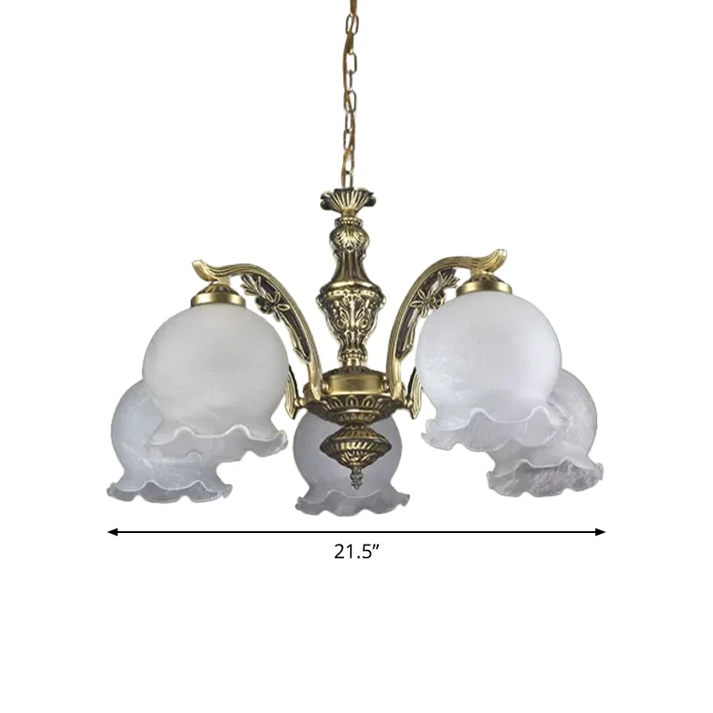Retro Dome Shade-kroonluchter, hangende hanglamp van wit glas, met 5 lampen en ruches brons Clearhalo