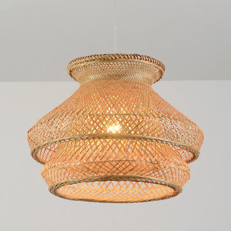 Retro hanglamp met 1 lamp, houten hangende plafondlamp met 2 niveaus en bamboe kap Clearhalo