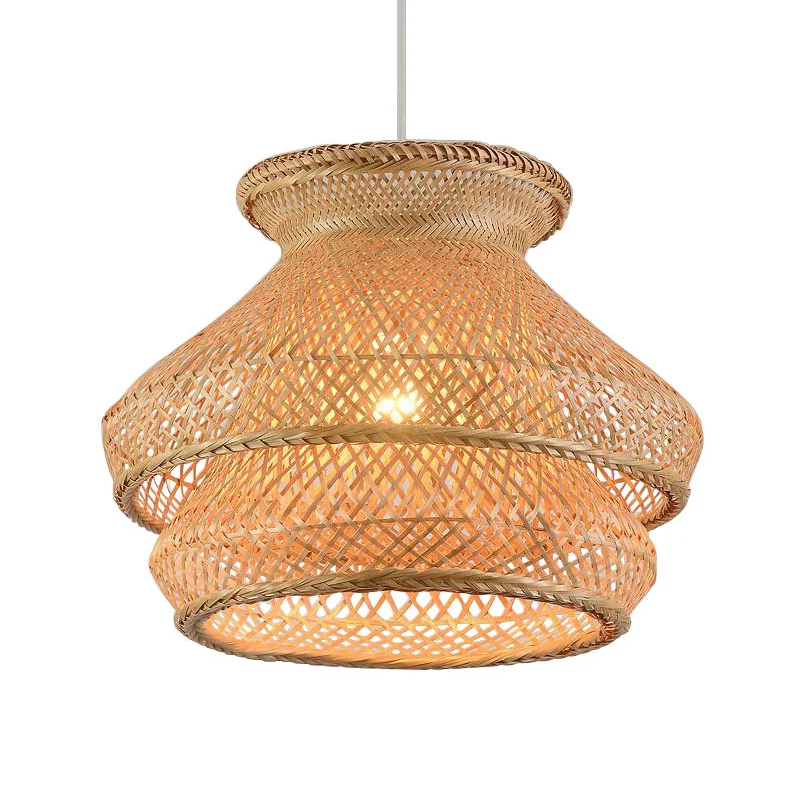 Retro hanglamp met 1 lamp, houten hangende plafondlamp met 2 niveaus en bamboe kap Clearhalo