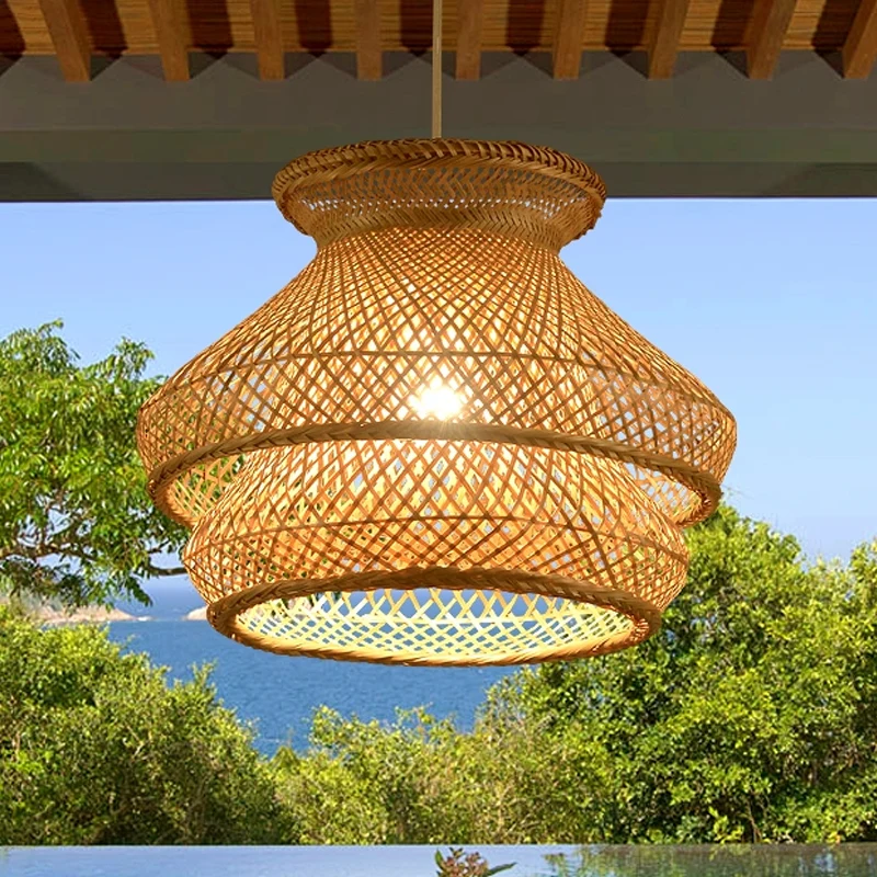 Retro hanglamp met 1 lamp, houten hangende plafondlamp met 2 niveaus en bamboe kap Clearhalo