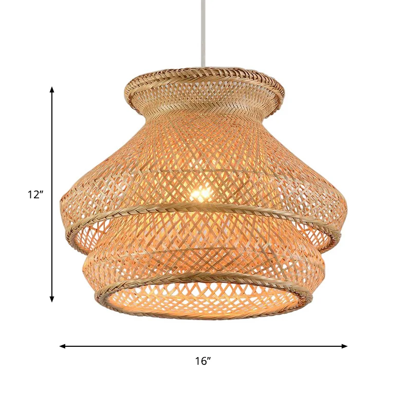 Retro hanglamp met 1 lamp, houten hangende plafondlamp met 2 niveaus en bamboe kap Clearhalo