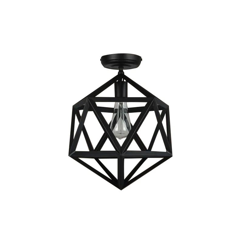 Retro Industrieel Veelvlak Globe Semi Mount Verlichting 1 Lamp Metalen Plafondlamp Zwart voor Badkamer Clearhalo