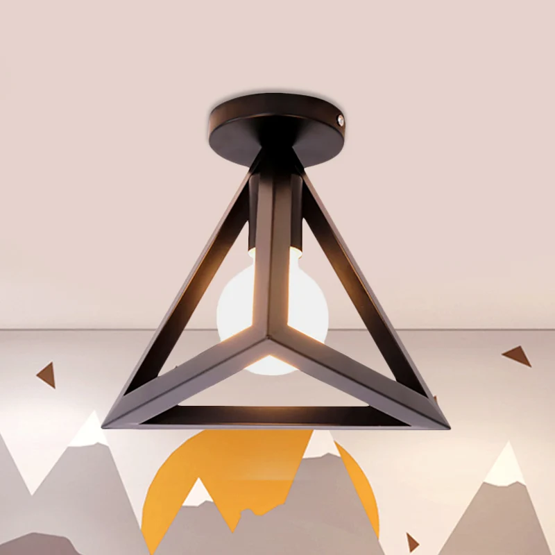 Retro industriële draadkooi semi-inbouw plafondlamp met driehoekige kap en 1 kops metalen plafondlamp zwart/grijs/wit Clea...