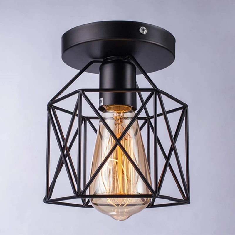 Retro industriële plafondlamp met metalen frame en smeedijzeren inbouwlamp zwart Clearhalo
