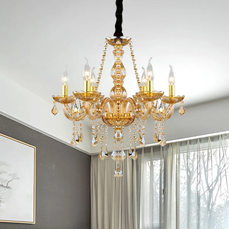 Retro kaars/bel kroonluchter licht 6 lampen amber afgeschuinde kristallen hanglamp goud met/zonder stoffen kap Clearhalo