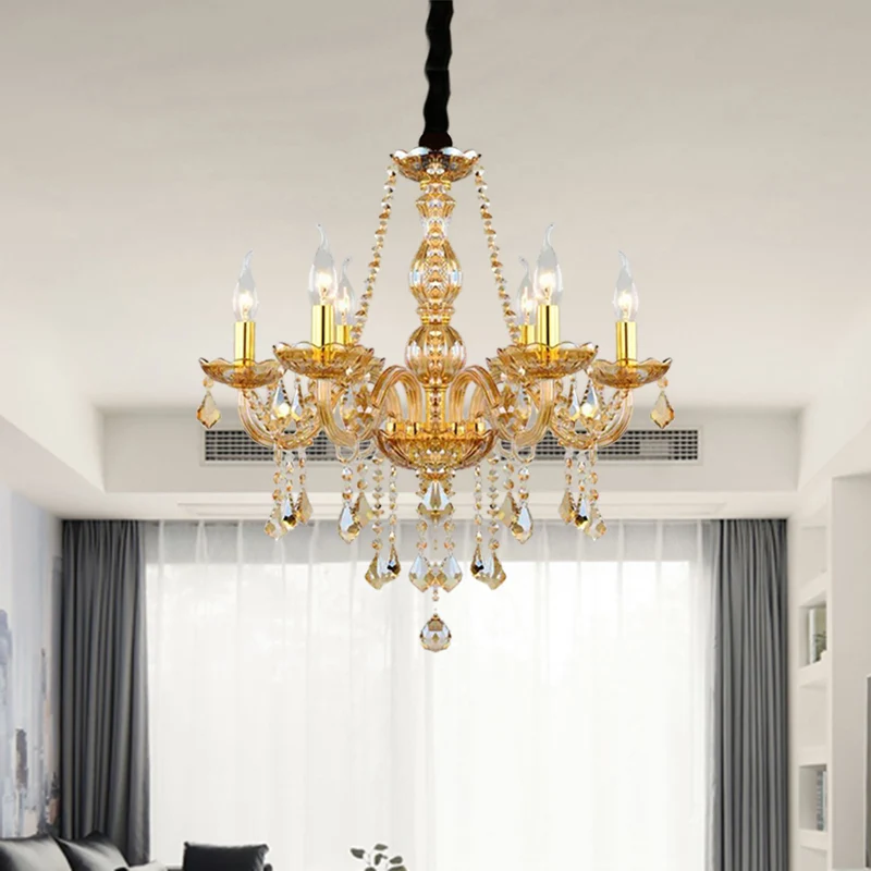 Retro kaars/bel kroonluchter licht 6 lampen amber afgeschuinde kristallen hanglamp goud met/zonder stoffen kap Clearhalo