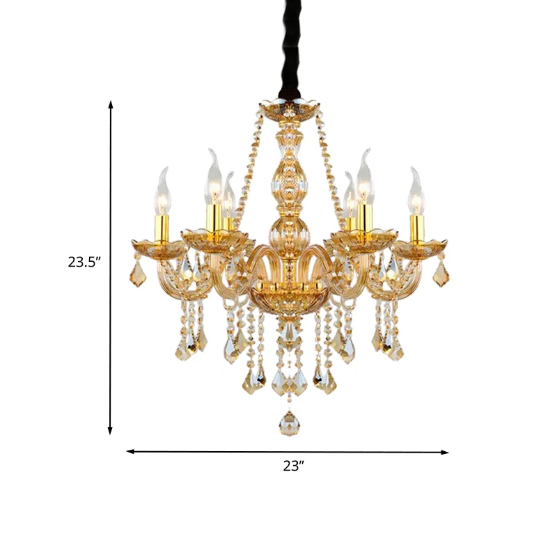 Retro kaars/bel kroonluchter licht 6 lampen amber afgeschuinde kristallen hanglamp goud met/zonder stoffen kap Clearhalo