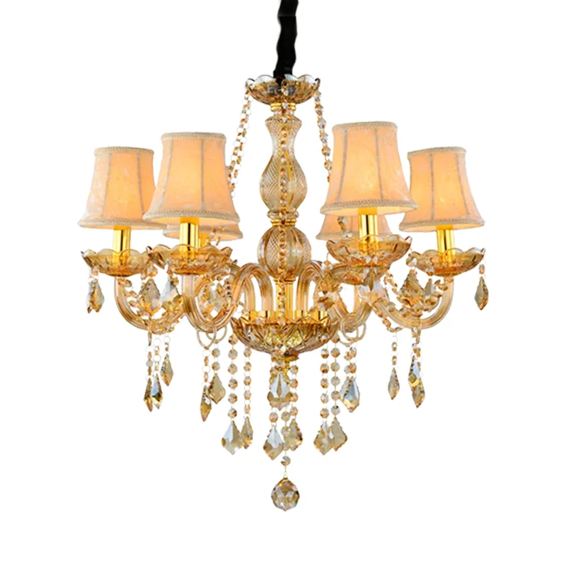 Retro kaars/bel kroonluchter licht 6 lampen amber afgeschuinde kristallen hanglamp goud met/zonder stoffen kap Clearhalo
