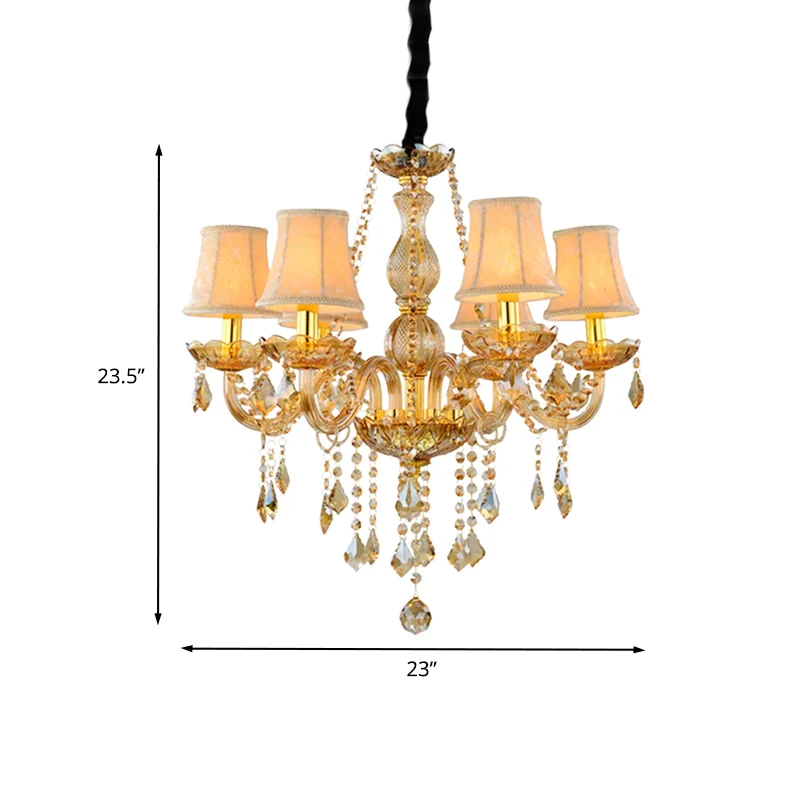 Retro kaars/bel kroonluchter licht 6 lampen amber afgeschuinde kristallen hanglamp goud met/zonder stoffen kap Clearhalo