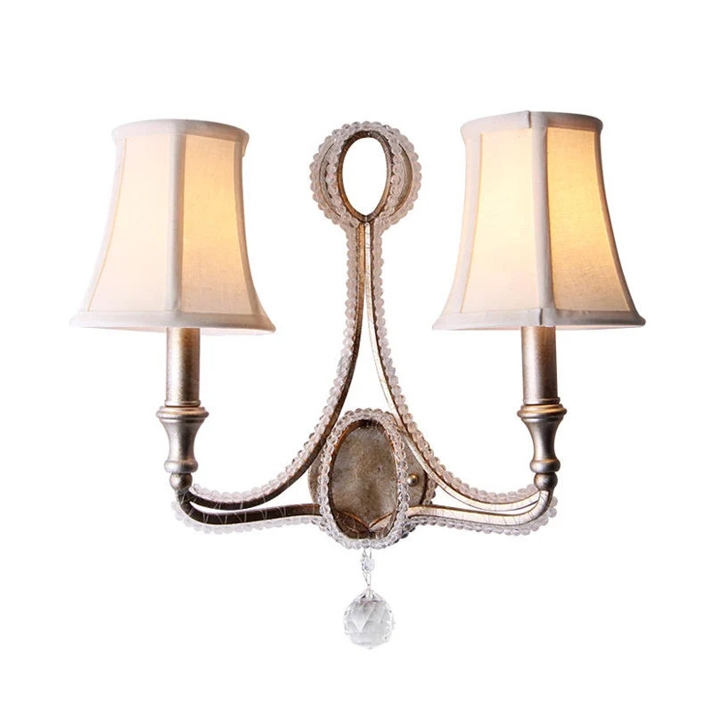 Retro Loft stoffen wandlamp 2-kops conisch schanslicht met kristallen kralenstreng verouderd zilver Clearhalo